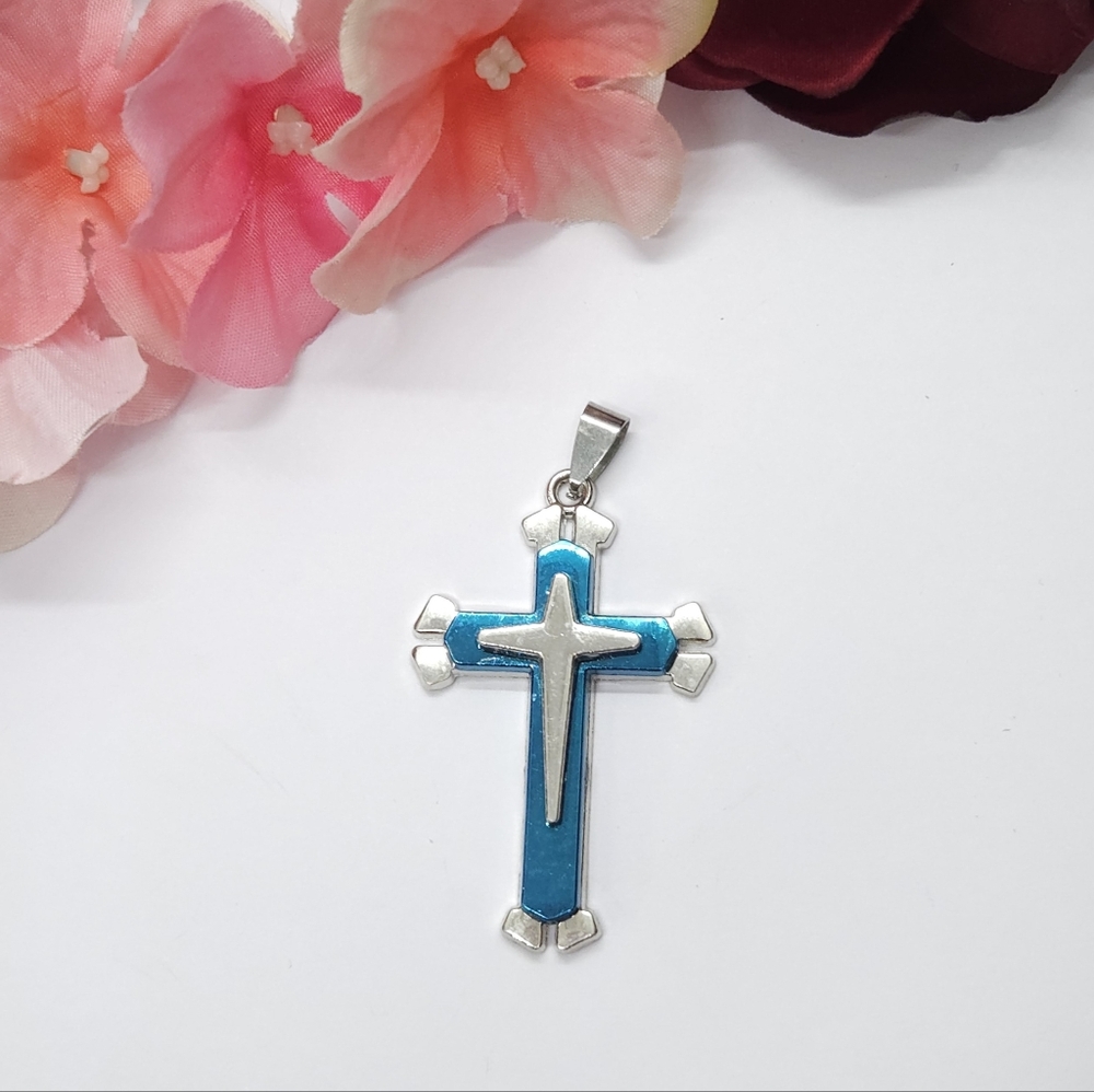 Vintage Blue & Silver Stainless Steel Cross Pendant or Charm Mens Unisex Jewelry
